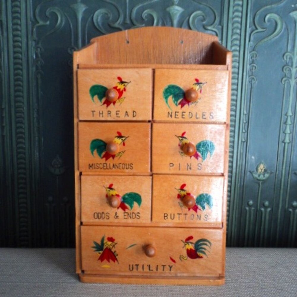 vintage hanging/sitting wooden sewing notions box organizer